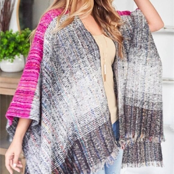 boho style FUCHSIA MULTI KNIT SWEATER PONCHO - Picture 1 of 4